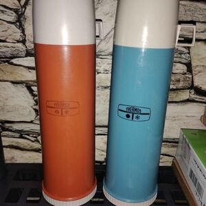 Vintage Thermos Dual-Tone Orange and Blue Bottles